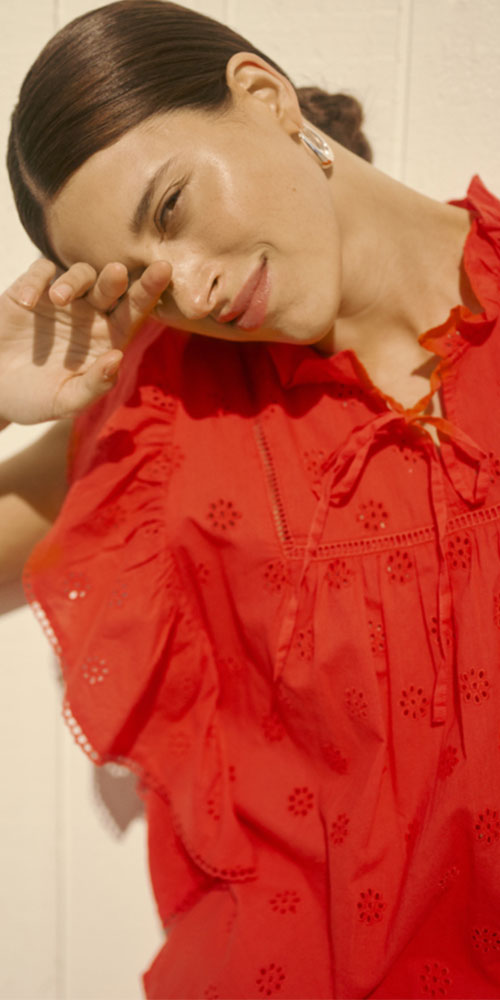 Kaffe Cotton Eyelet Flutter Blouse, poppy red
