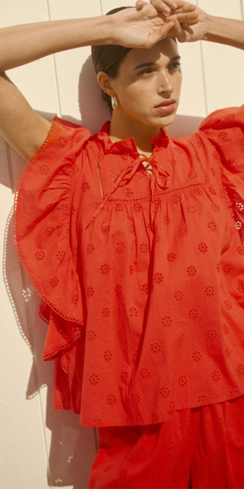 Kaffe Cotton Eyelet Flutter Blouse, poppy red