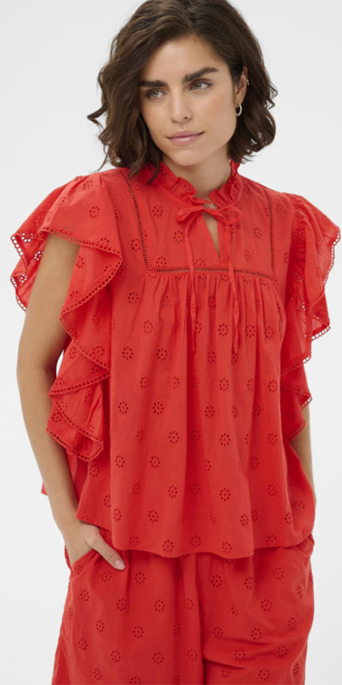 Kaffe Cotton Eyelet Flutter Blouse, poppy red