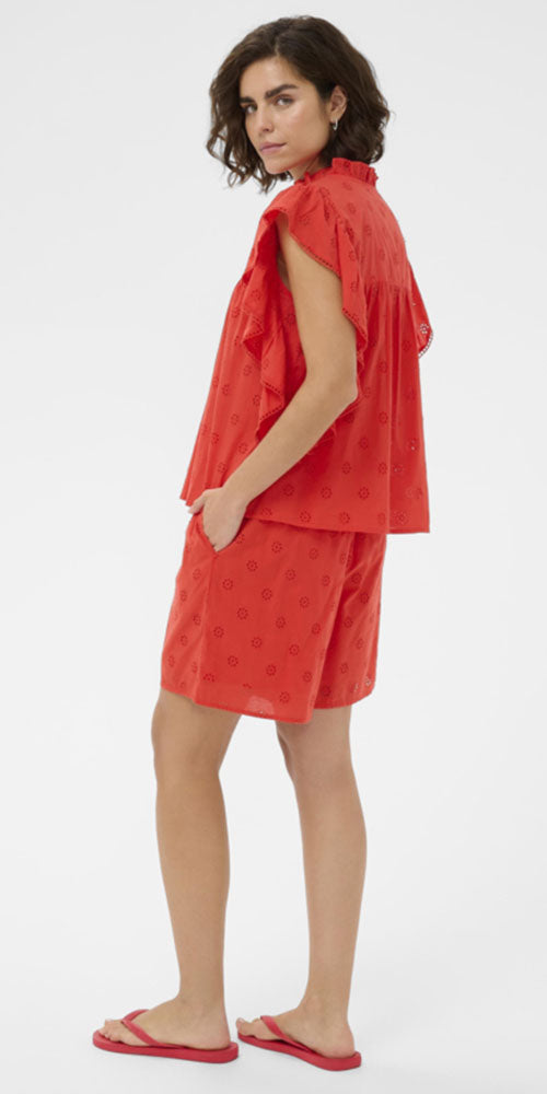 Kaffe Cotton Eyelet Flutter Blouse, poppy red