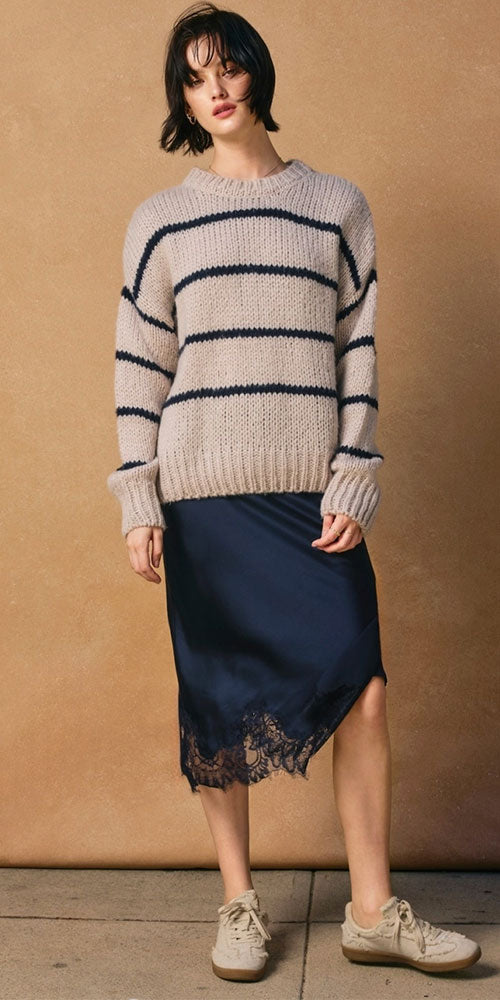 Lace Trimmed Satin Midi Skirt, navy