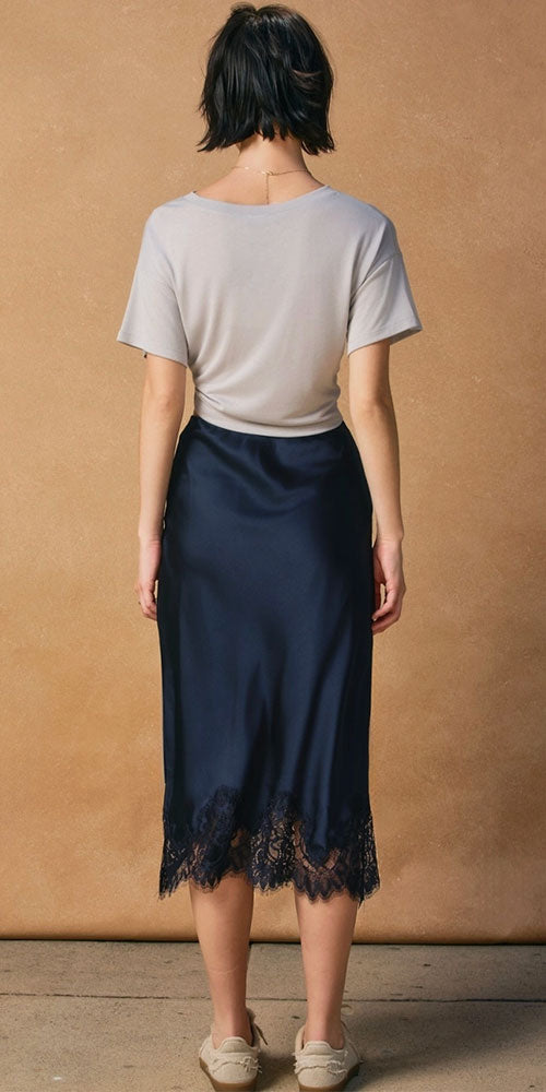 Lace Trimmed Satin Midi Skirt, navy