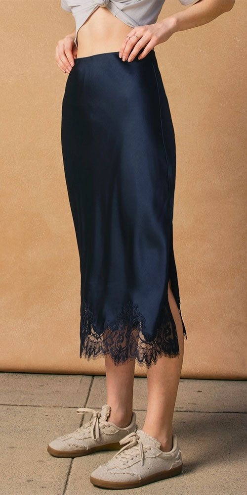 Lace Trimmed Satin Midi Skirt, navy