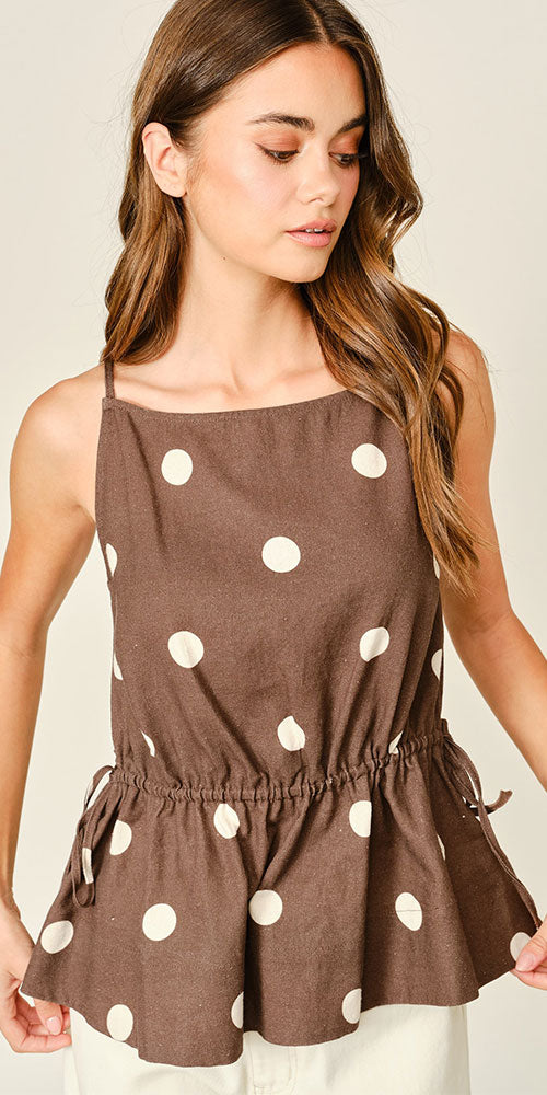 Linen Blend Polka Dot Peplum Top