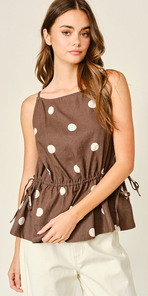 Linen Blend Polka Dot Peplum Top