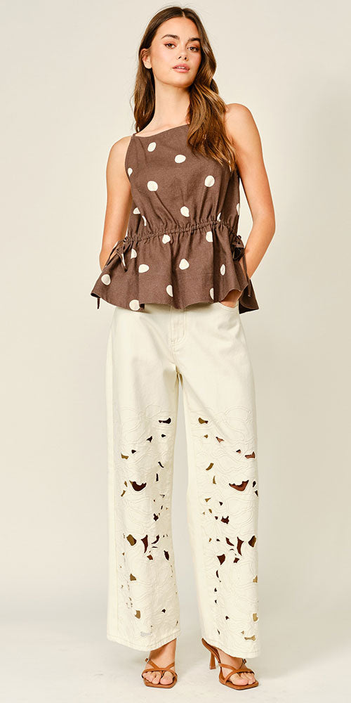 Linen Blend Polka Dot Peplum Top