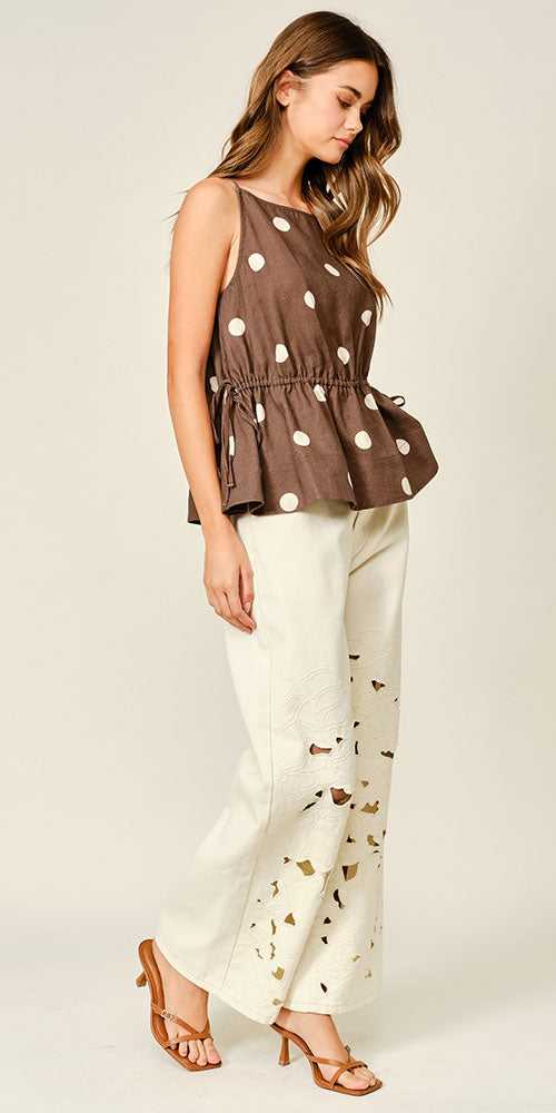 Linen Blend Polka Dot Peplum Top