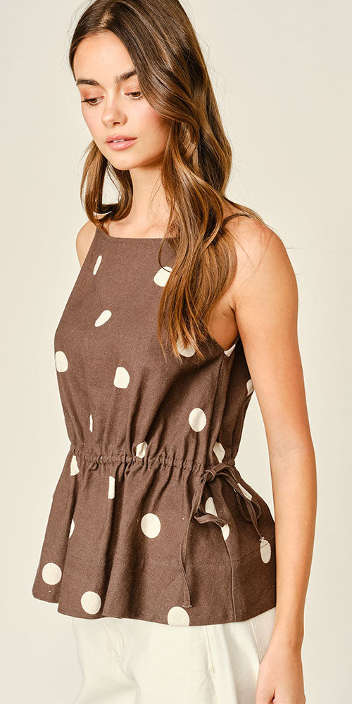 Linen Blend Polka Dot Peplum Top