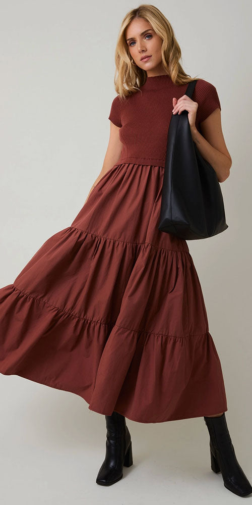 Tiered Mixed Media Dress, rust