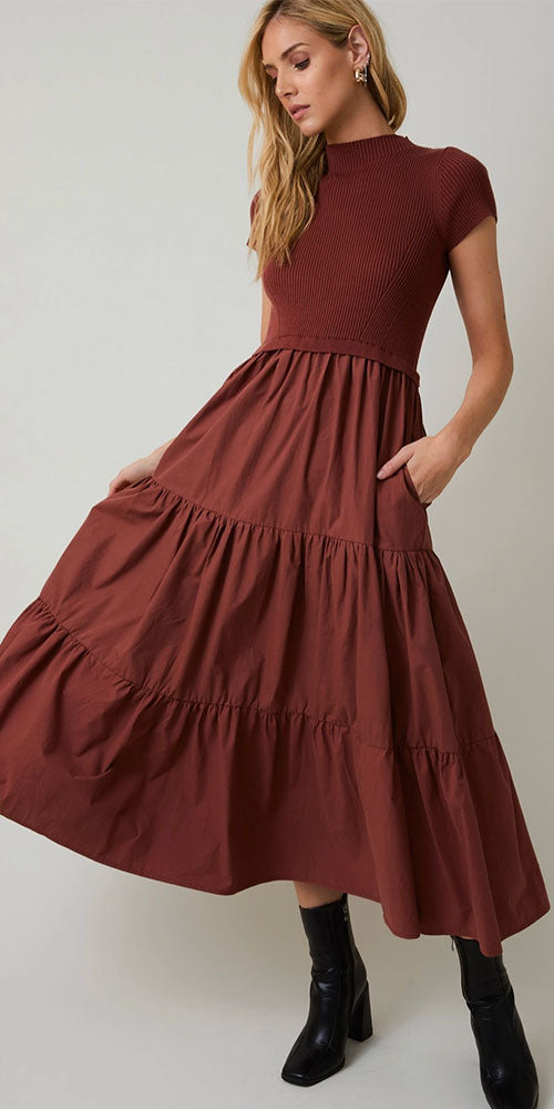 Tiered Mixed Media Dress, rust
