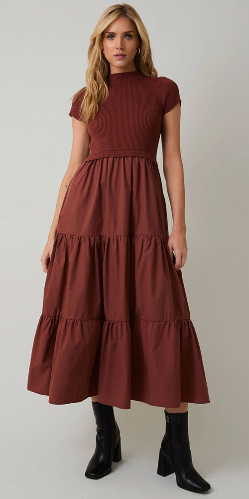 Tiered Mixed Media Dress, rust