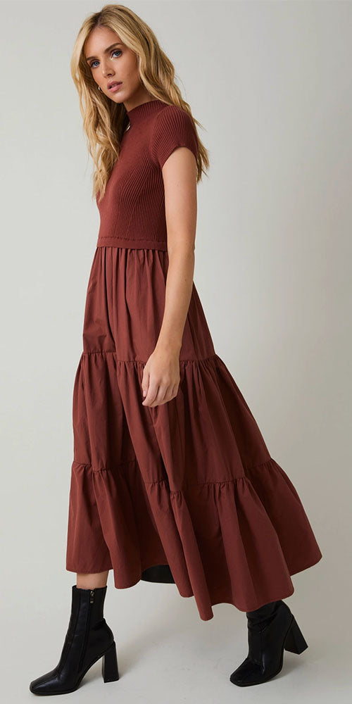 Tiered Mixed Media Dress, rust