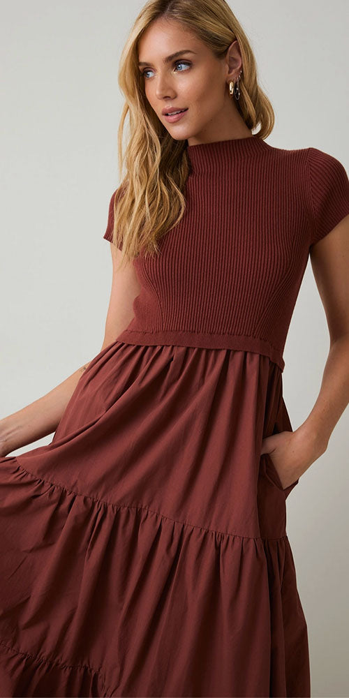 Tiered Mixed Media Dress, rust