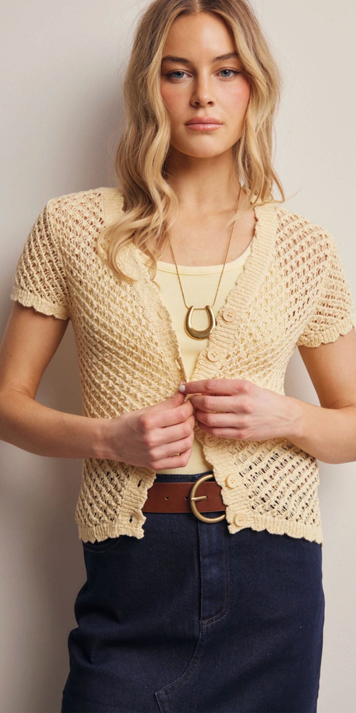 Open Knit Short Sleeve Cardy, butter yellow