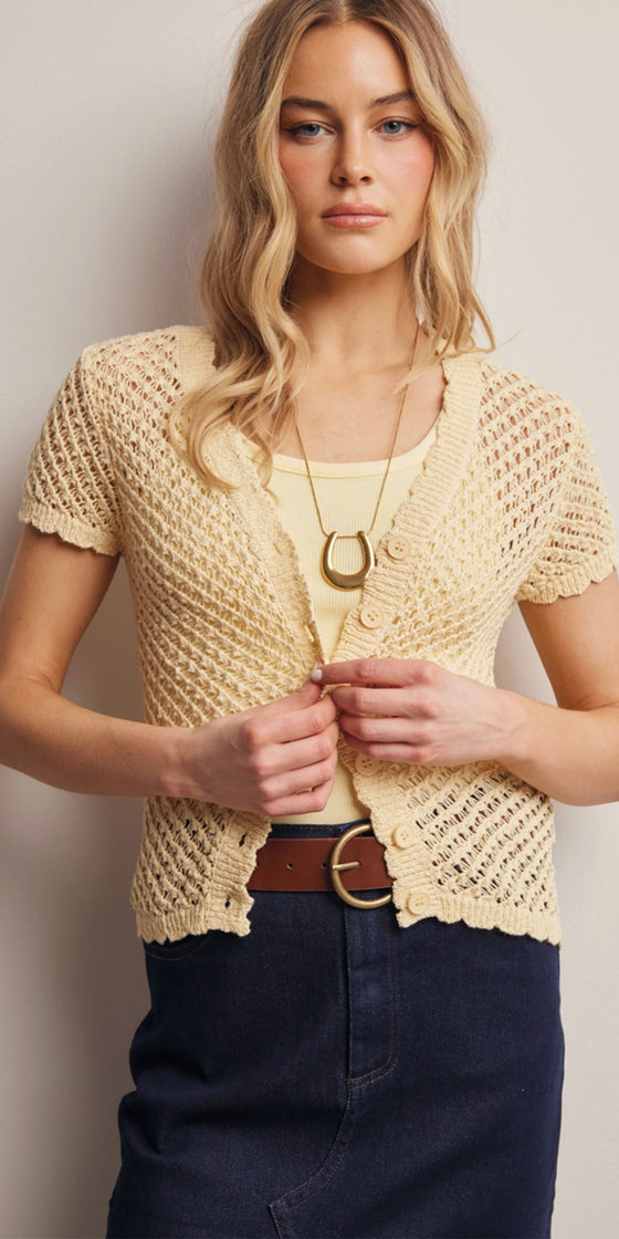 Open Knit Short Sleeve Cardy, butter yellow