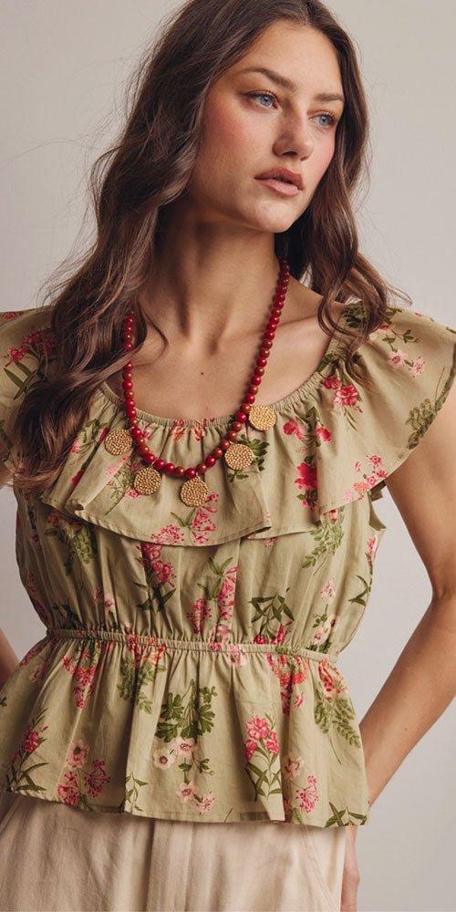 Floral Print Cotton Peasant Blouse