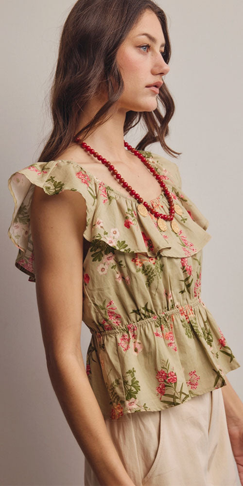 Floral Print Cotton Peasant Blouse
