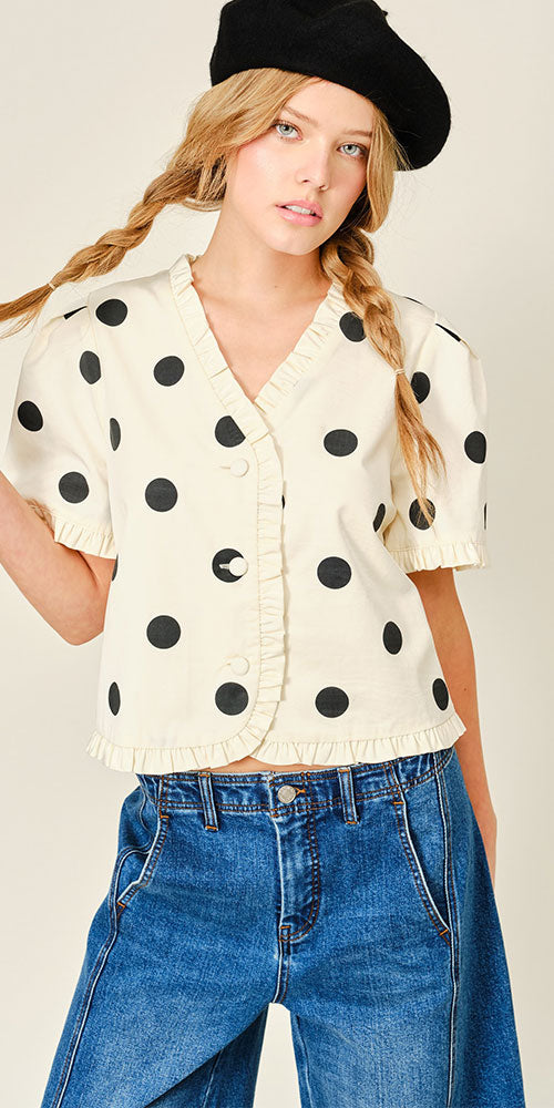 Ruffle Trim Polka Dot Jacket, cream/black