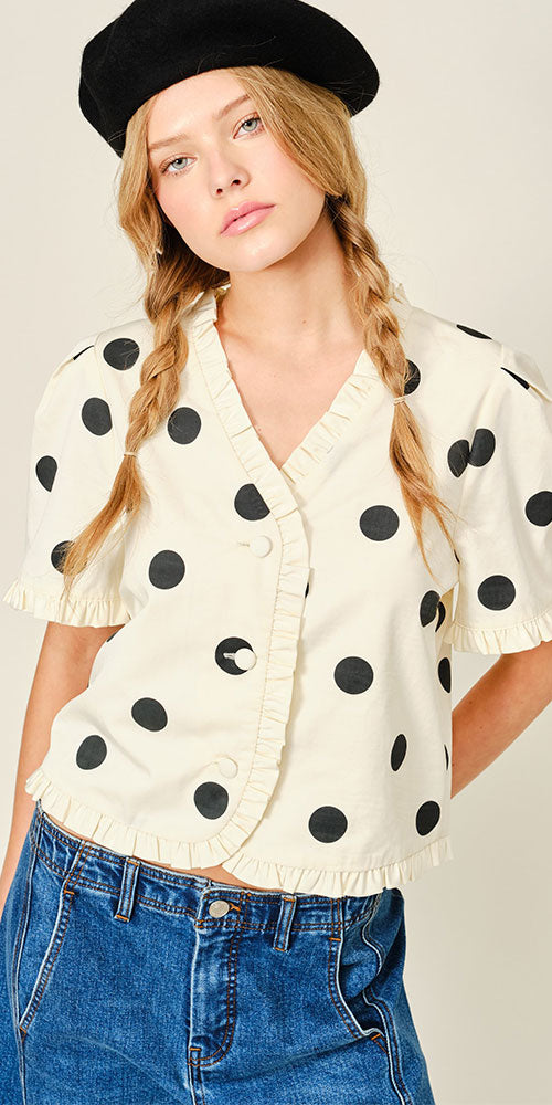 Ruffle Trim Polka Dot Jacket, cream/black
