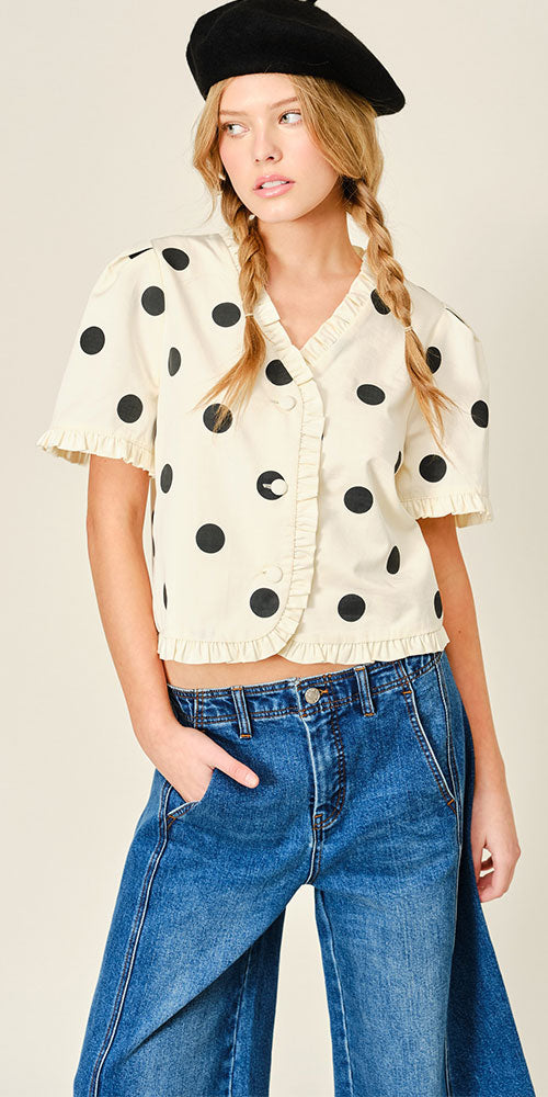 Ruffle Trim Polka Dot Jacket, cream/black