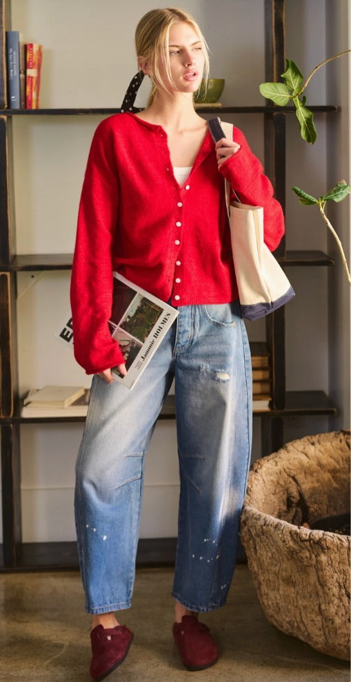 Rolled Edge Piper Cardigan, red