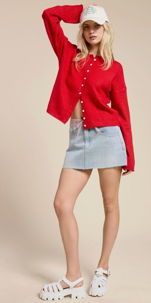 Rolled Edge Piper Cardigan, red