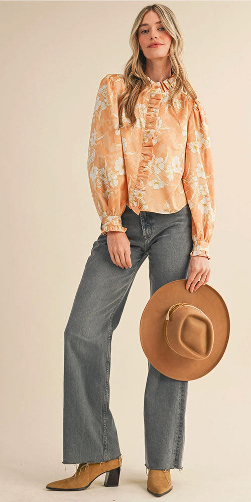 Ruffle Edges Blouse, peach blooms