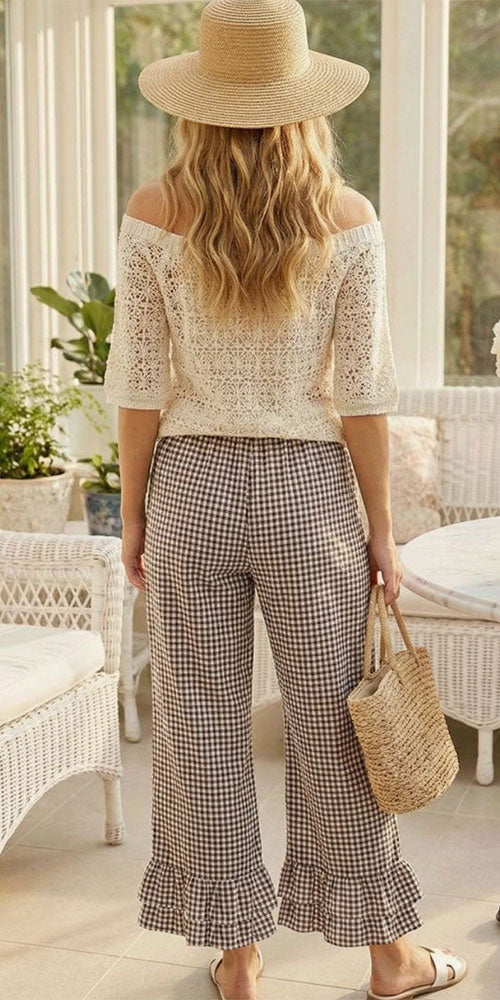Ruffle Hem Cotton Pants, brown gingham