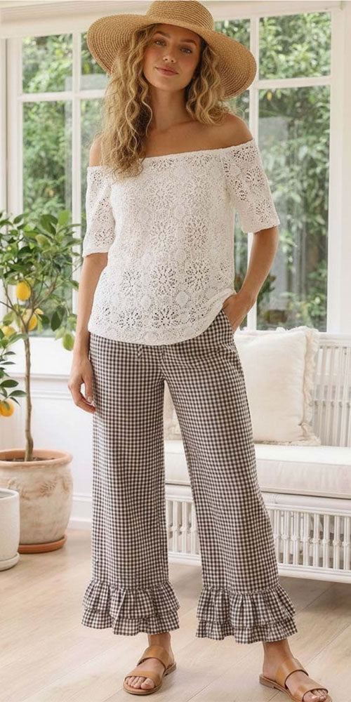 Ruffle Hem Cotton Pants, brown gingham