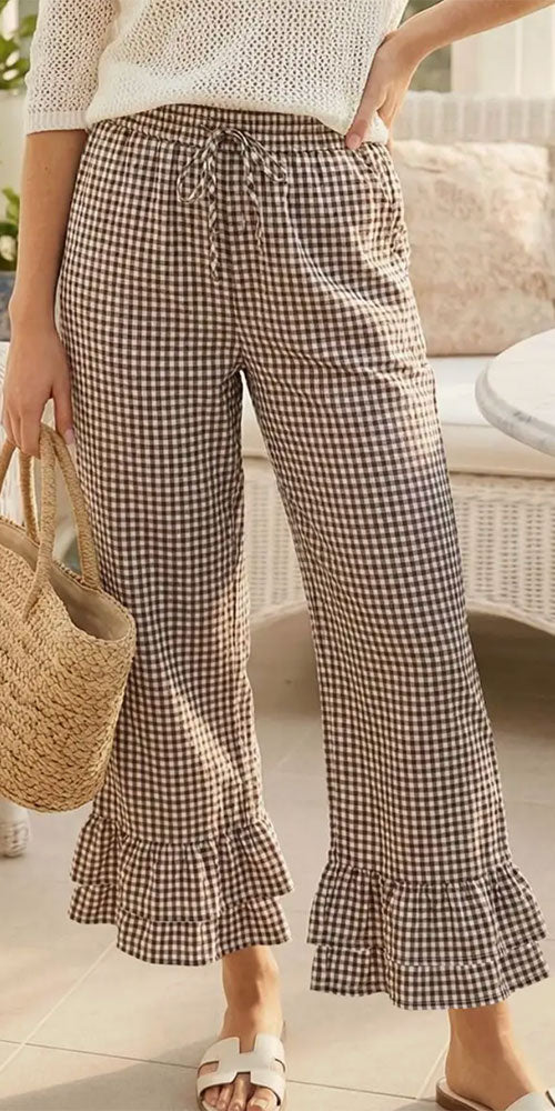 Ruffle Hem Cotton Pants, brown gingham