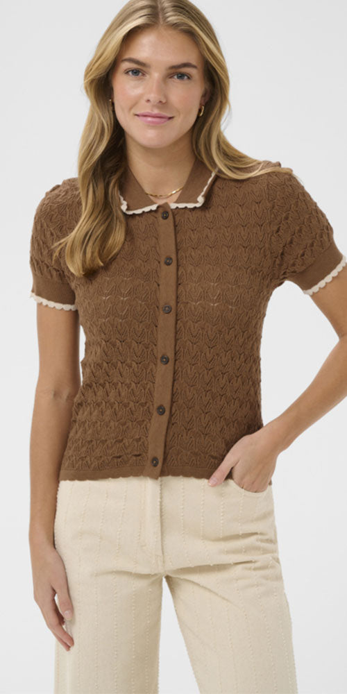 Saint Tropez Scallop Knit Polo Cardy, coconut brown