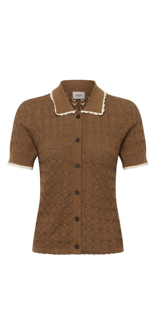 Saint Tropez Scallop Knit Polo Cardy, coconut brown