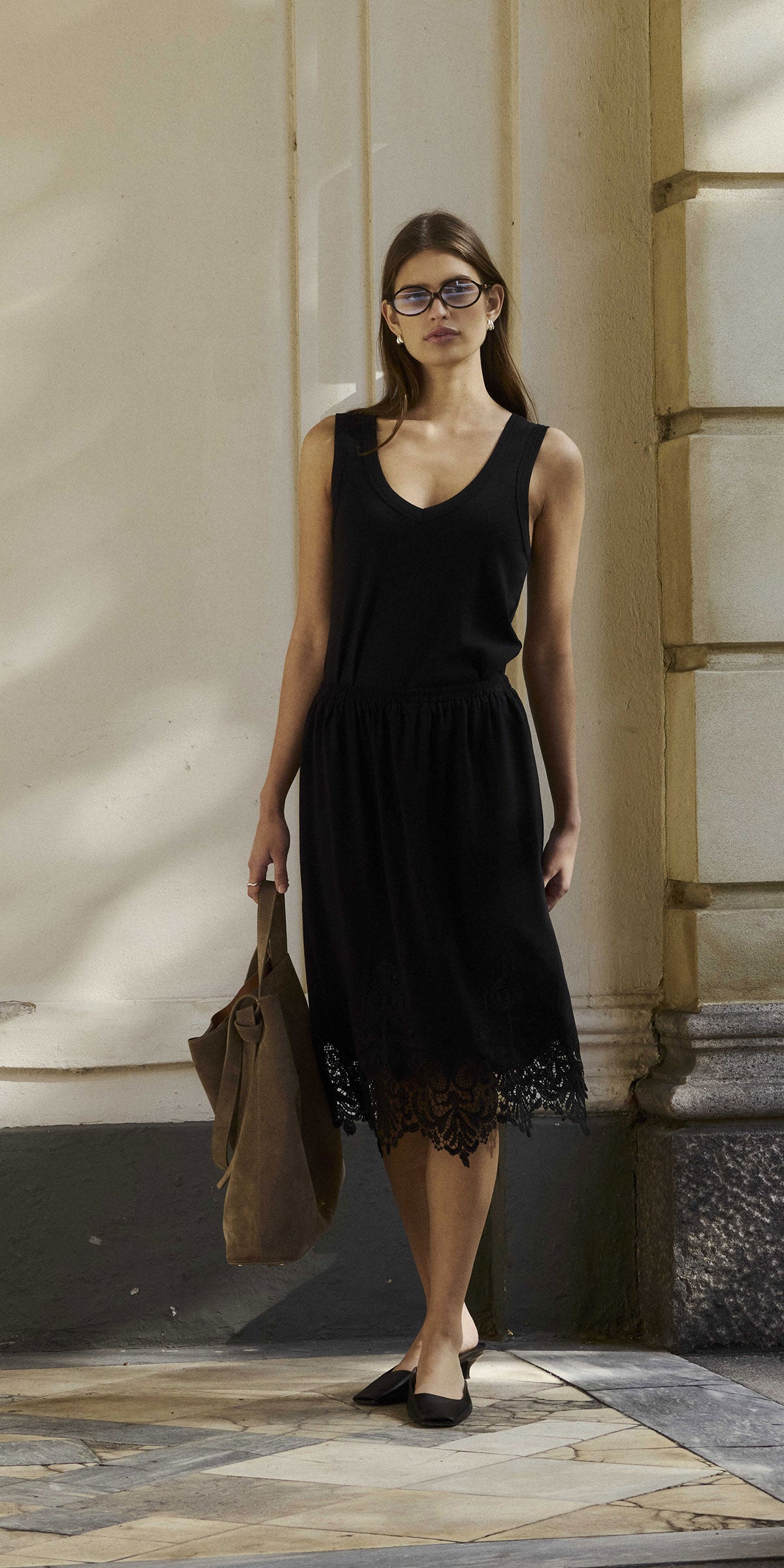 Soaked Lace Trimmed Midi Skirt, black