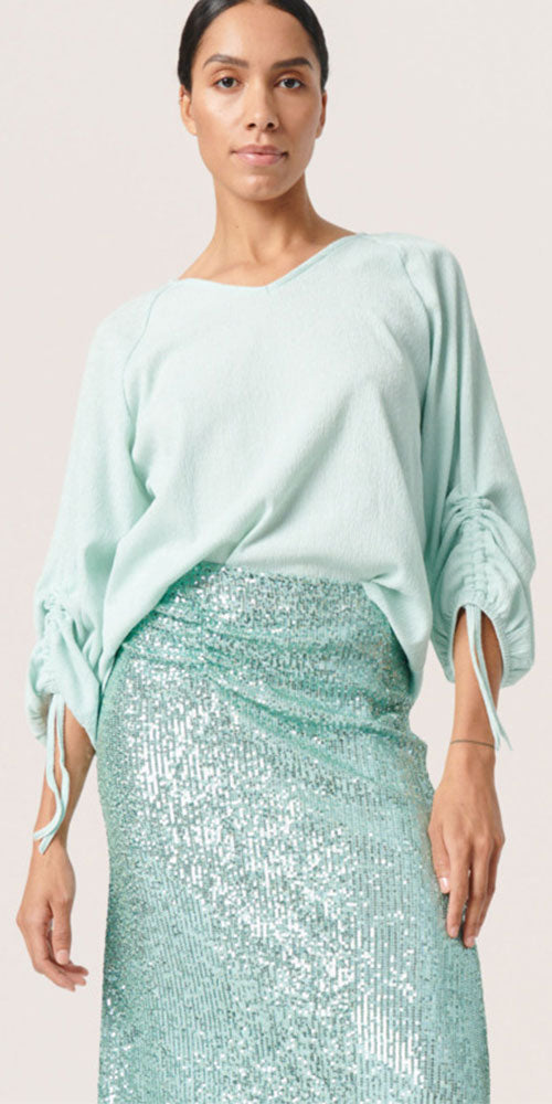 Soaked in Luxury Ruche Sleeve Blouse, pale aqua