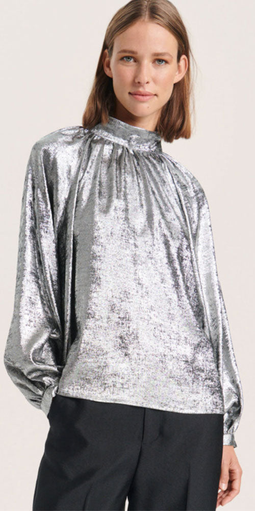 Soaked in Luxury Pleat Neck Blouse, silver
