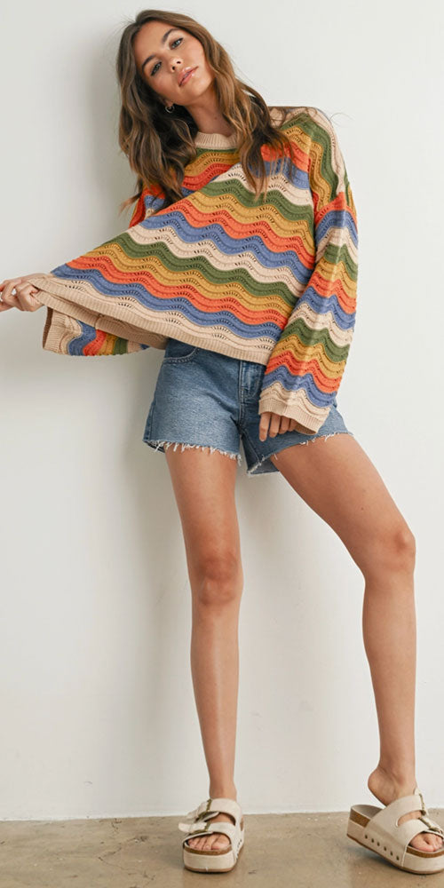 Wavy Knit Cotton Pullover