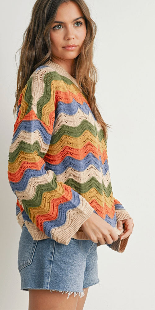 Wavy Knit Cotton Pullover