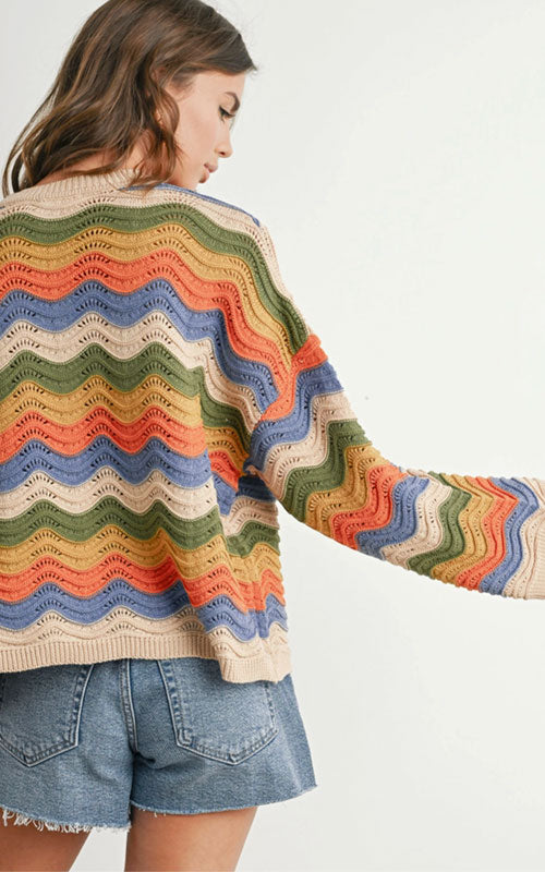 Wavy Knit Cotton Pullover