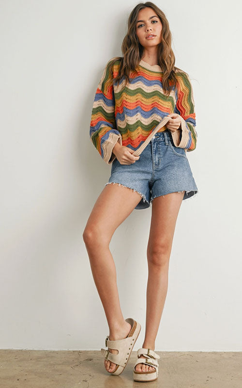Wavy Knit Cotton Pullover