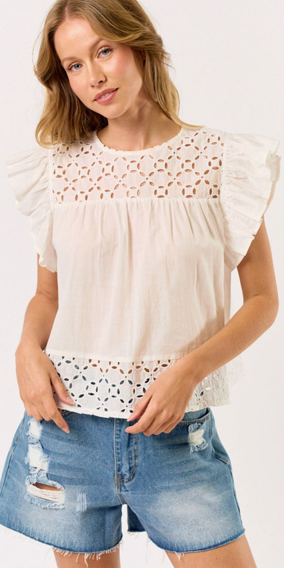 Eyelet Flutter Sleeve Top