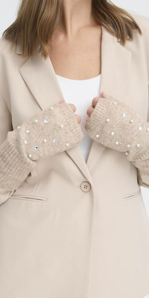 Ichi Rhinestone Fingerless Gloves, oatmeal