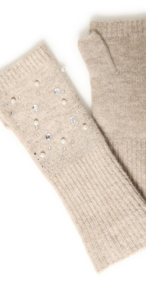 Ichi Rhinestone Fingerless Gloves, oatmeal