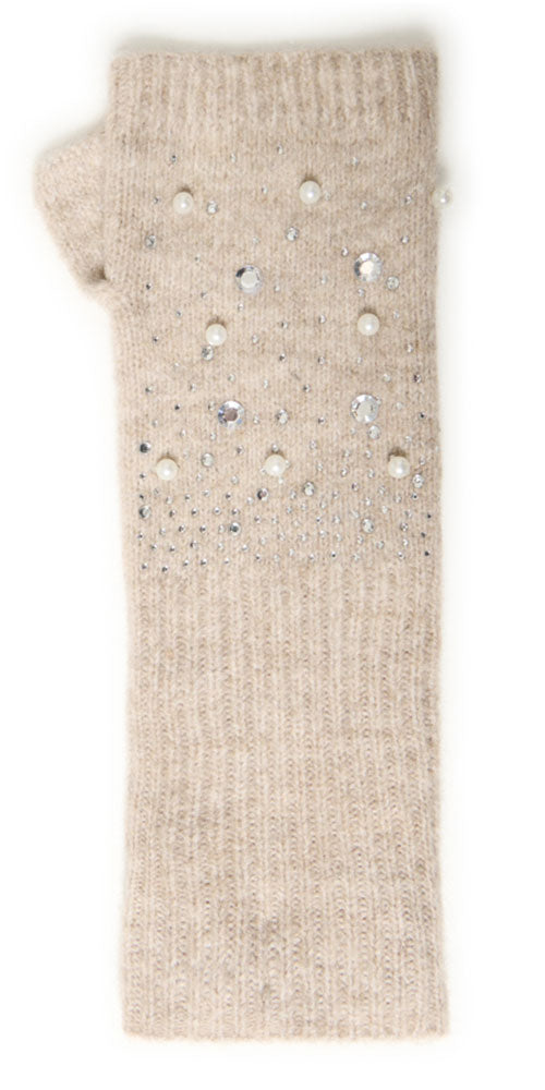 Ichi Rhinestone Fingerless Gloves, oatmeal