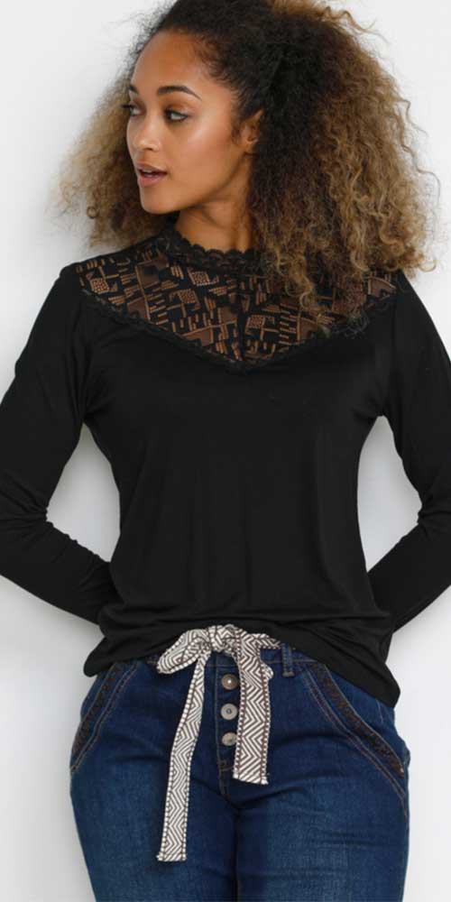 Cream Lace Trimmed Top, black