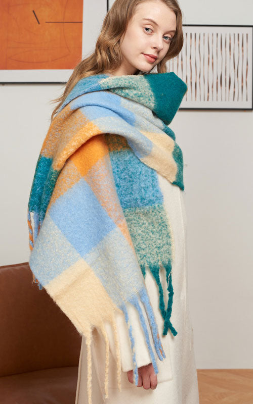 Fluffy Plaid Scarf, blue