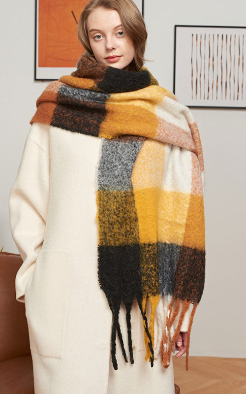Fluffy Plaid Scarf, ochre