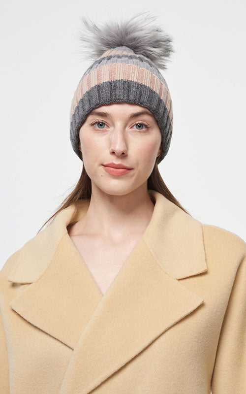 Striped Pom Pom Hat, grey