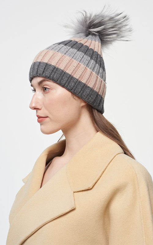 Striped Pom Pom Hat, grey