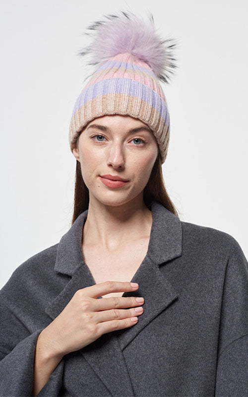 Striped Pom Pom Hat, lilac