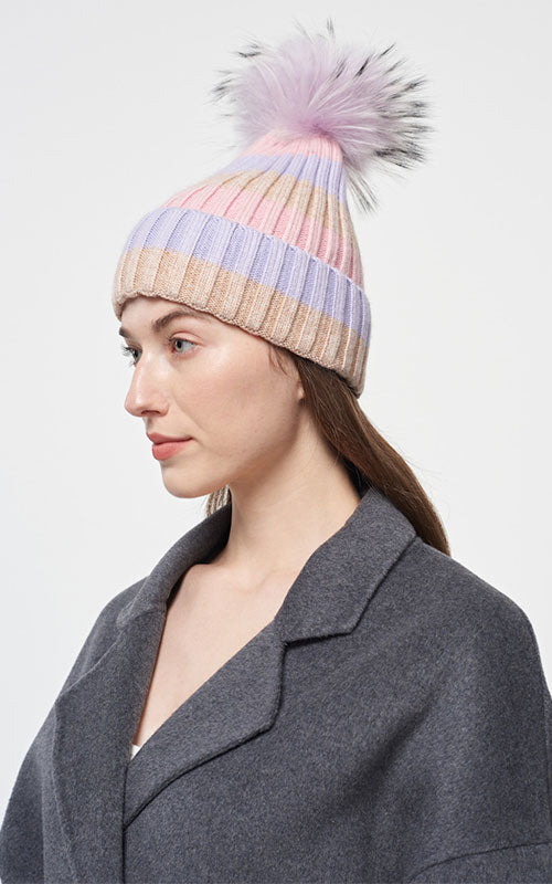 Striped Pom Pom Hat, lilac